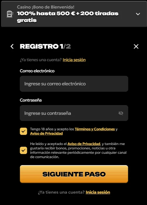 Spinsy Casino formulario de registro con bono de bienvenida y creación de cuenta