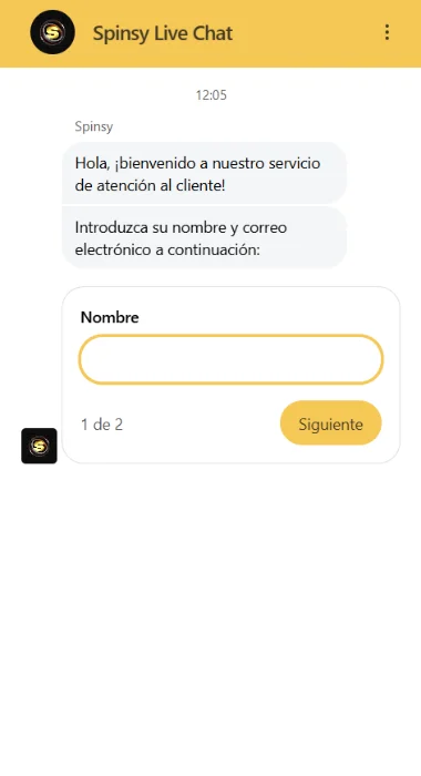 Spinsy Casino Live Chat con formulario de atención al cliente